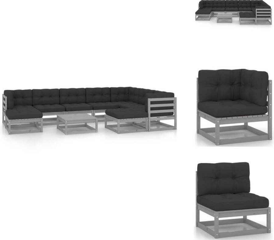 VidaXL Grenenhouten loungeset Grijs Hoekbank middenbank tafel voetenbank 70 x 70 x 67 cm Kussens Montage vereist 9 zitkussens 10 rugkussens Tuinset