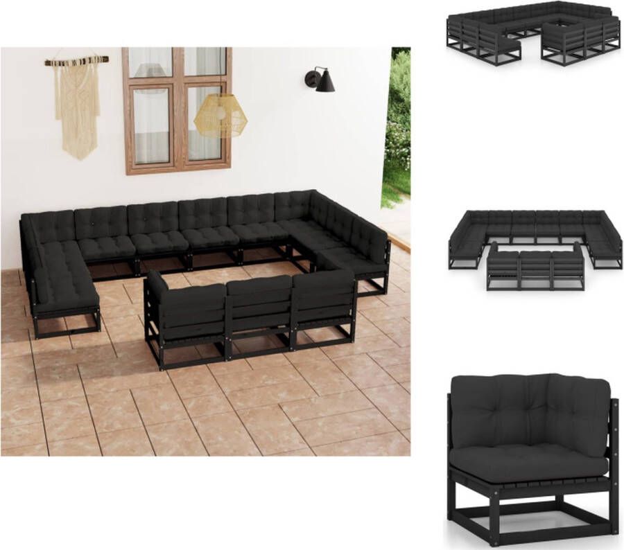 VidaXL Grenenhouten Loungeset Hoekbank en Middenbank Zwart Afmetingen 70x70x67cm Inclusief 9 zitkussens en 17 rugkussens Tuinset