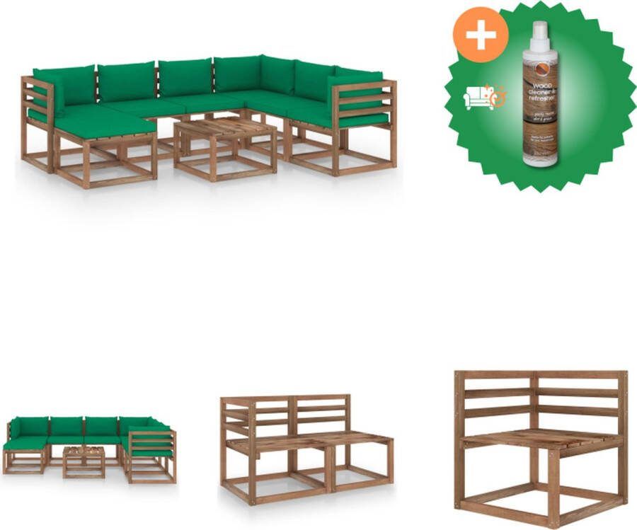 VidaXL Grenenhouten Tuinset Groen Kussen 60x60x36.5 cm Tafel 60x64x70 cm Middenbank 64x64x70 cm Hoekbank Tuinset Inclusief Houtreiniger en verfrisser
