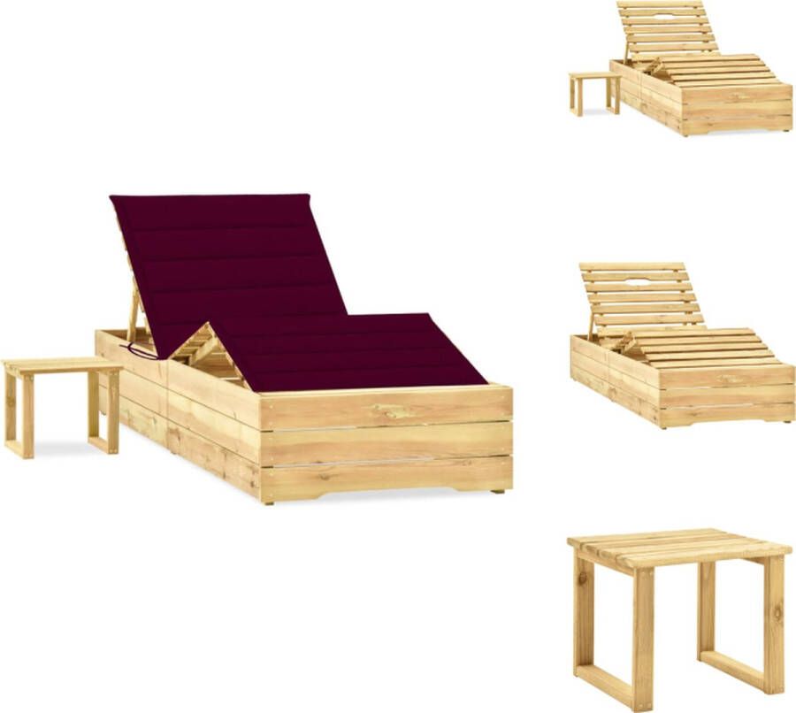 VidaXL Grote houten lounge ligstoel 198 x 90 x (30 75) cm verstelbare rugleuning inclusief kussen groen geïmpregneerd wijnrood kussen Ligbed