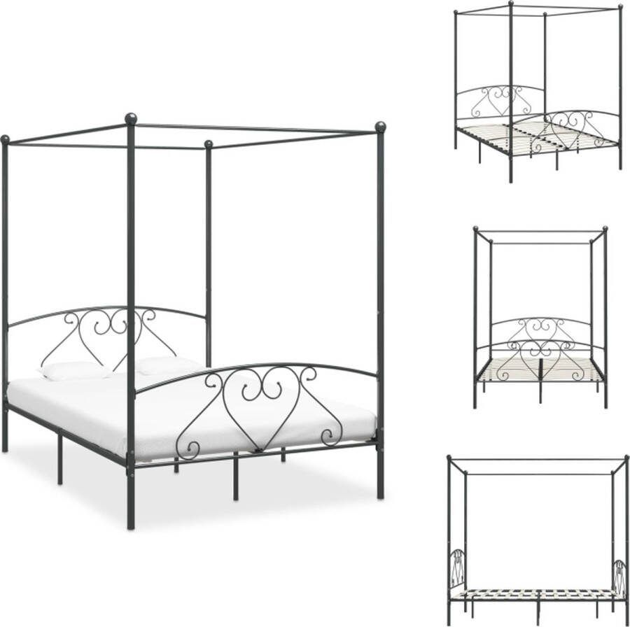 VidaXL Hemelbedframe Grijs Metaal 209 x 147.5 x 198 cm Massief en duurzaam Inclusief lattenbodem Geschikt voor matras 140 x 200 cm Bed