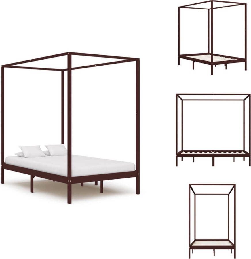 VidaXL Hemelbedframe Massief grenenhout 204 x 144 x 200 cm Donkerbruin Bed
