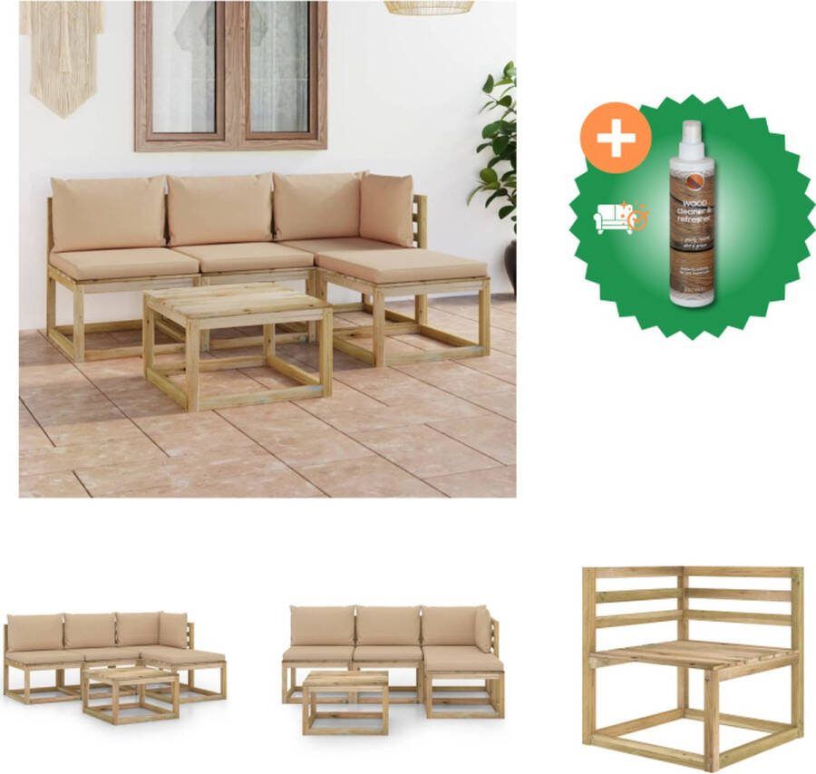VidaXL Hoekbank + 2 Middenbank + Voetenbank + Tafel Grenenhout Beige kussen 64x64x70 cm Duurzaam en comfortabel Tuinset Inclusief Houtreiniger en verfrisser