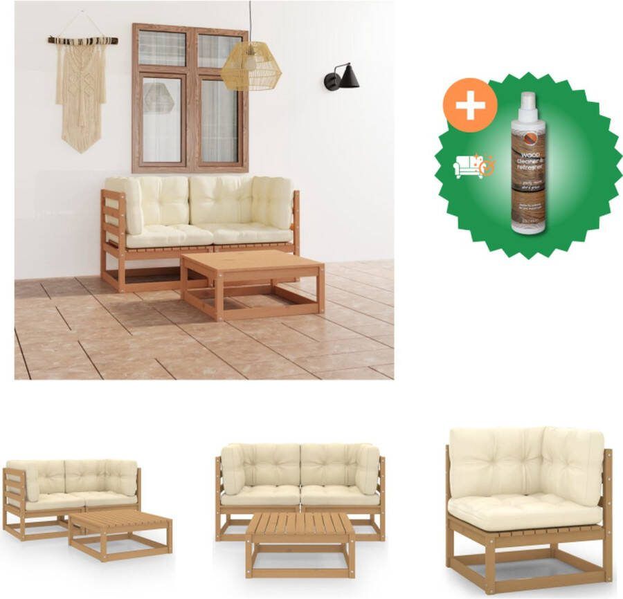 VidaXL Hoekbank Grenenhout 70x70x67 cm Honingbruin 2x Hoekbank 1x Tafel 2x Zitkussen 4x Rug zijkussen Tuinset Inclusief Houtreiniger en verfrisser