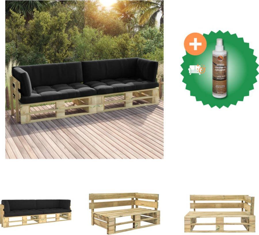 VidaXL Hoekbank Pallet 110 x 66 x 55 cm Grenenhout Zwart Kussen Geschikt voor Binnen en Buiten Montage Vereist 2x Hoekbank met Kussens Tuinset Inclusief Houtreiniger en verfrisser