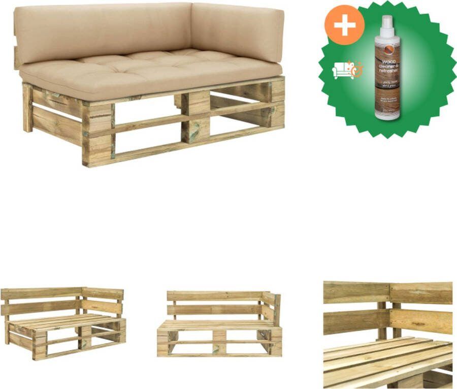VidaXL Hoekbank Pallet Grenenhout 110 x 66 x 55 cm Beige Kussen Tuinbank Inclusief Houtreiniger en verfrisser