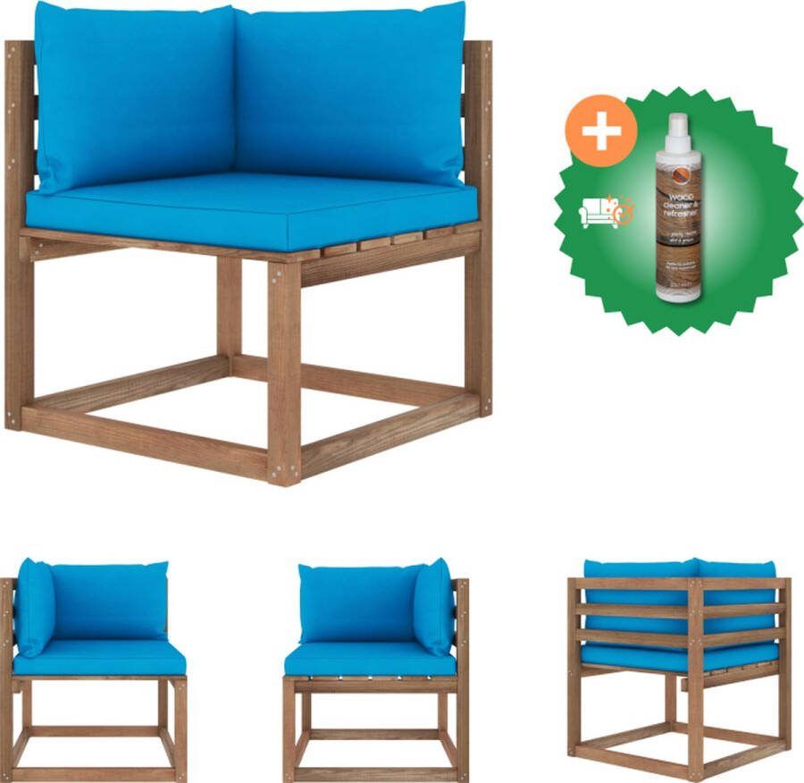 VidaXL Hoekbank Pallet Hout 64x64x70 cm Bruin Lichtblauwe kussens Loungebank Inclusief Houtreiniger en verfrisser