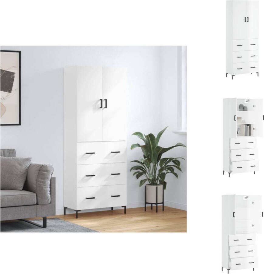 VidaXL Hoge Kast Opbergkast 69.5 x 34 x 180 cm Hoogglans Wit Keukenkast