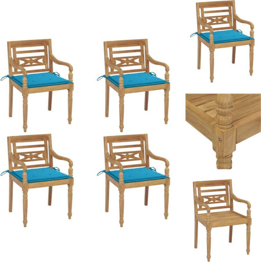 VidaXL Houten Batavia Tuinstoelen Set van 4 Teakhout Inclusief Kussens Blauw 55x51.5x84 cm Tuinstoel