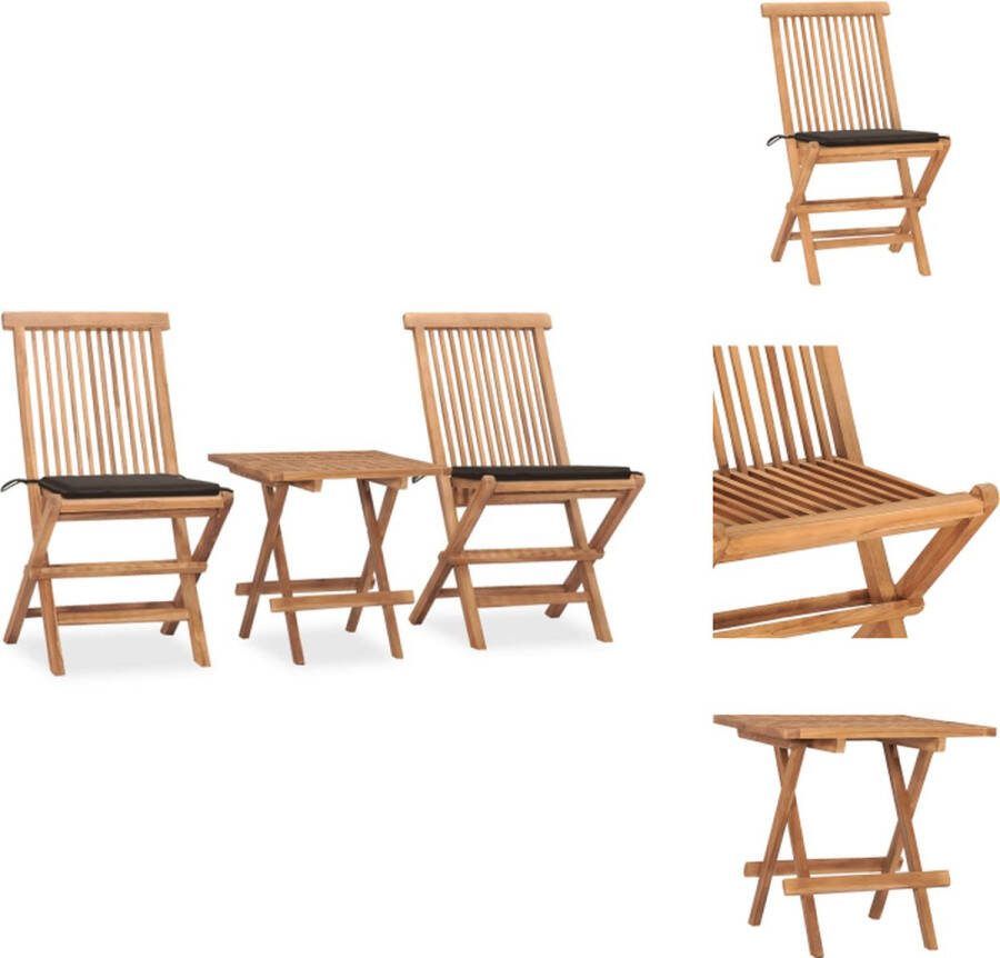 VidaXL Houten Eethoek Tuintafel Stoelen Teakhout Stapelbaar Taupe Kussen Afmetingen Tafel- 50x50x50cm Afmetingen Stoel- 46x62x90cm Tuinset