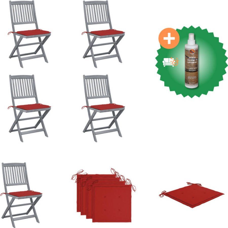 VidaXL Houten Klapstoelen Massief acaciahout Greywash Rood kussen Set van 4 Tuinstoel Inclusief Houtreiniger en verfrisser