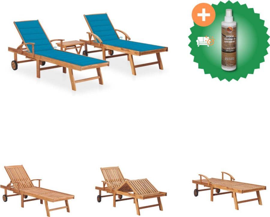 VidaXL houten ligbedden teakhout 195 x 59.5 cm verstelbare rugleuning verrijdbaar bijzettafel blauw kussen Ligbed Inclusief Houtreiniger en verfrisser