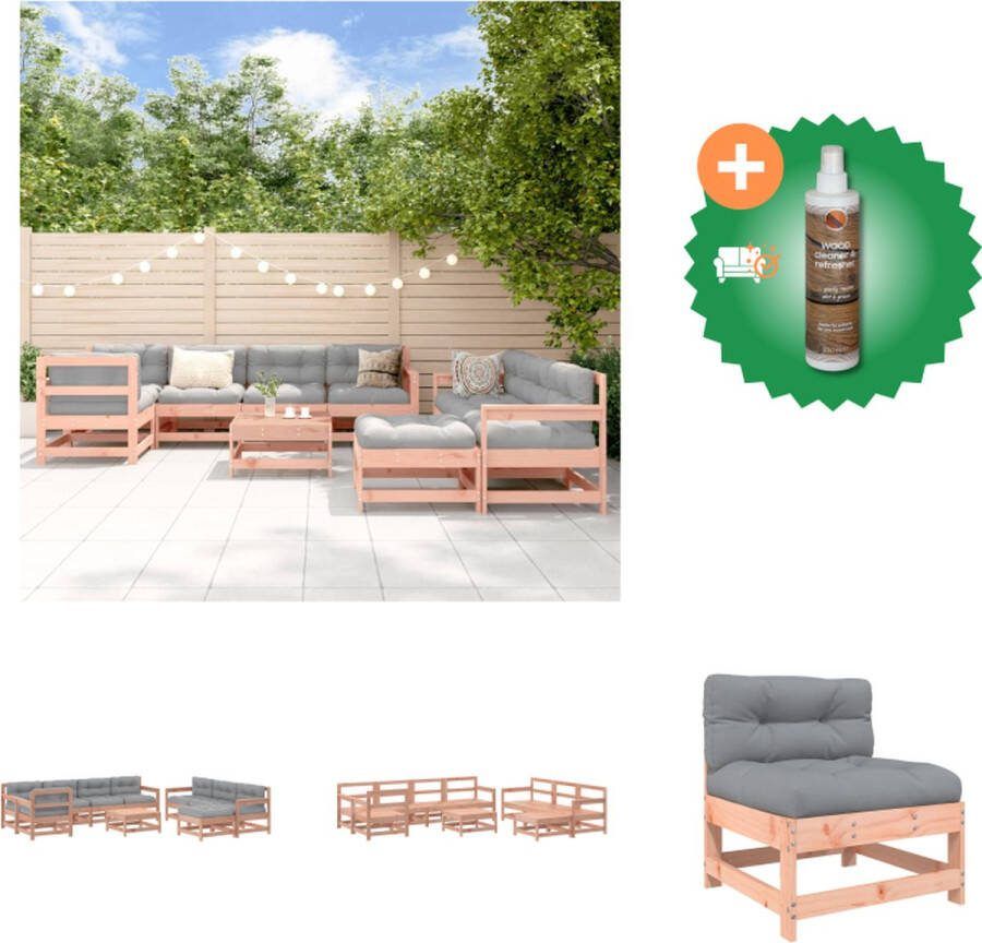 VidaXL Houten Loungeset Douglas Modulair 3x middenbank 5x tuinstoel 2x voetenbank salontafel Grijs kussen Tuinset Inclusief Houtreiniger en verfrisser