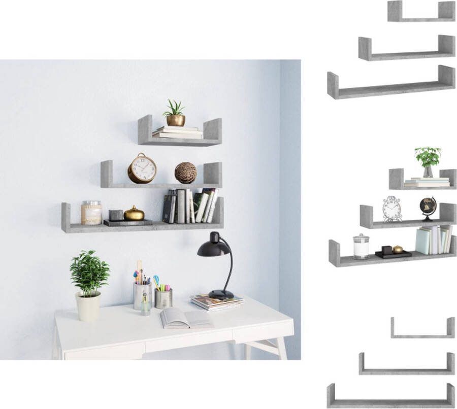 VidaXL Houten Schappen Set van 3 Betongrijs Maten Wandsteun