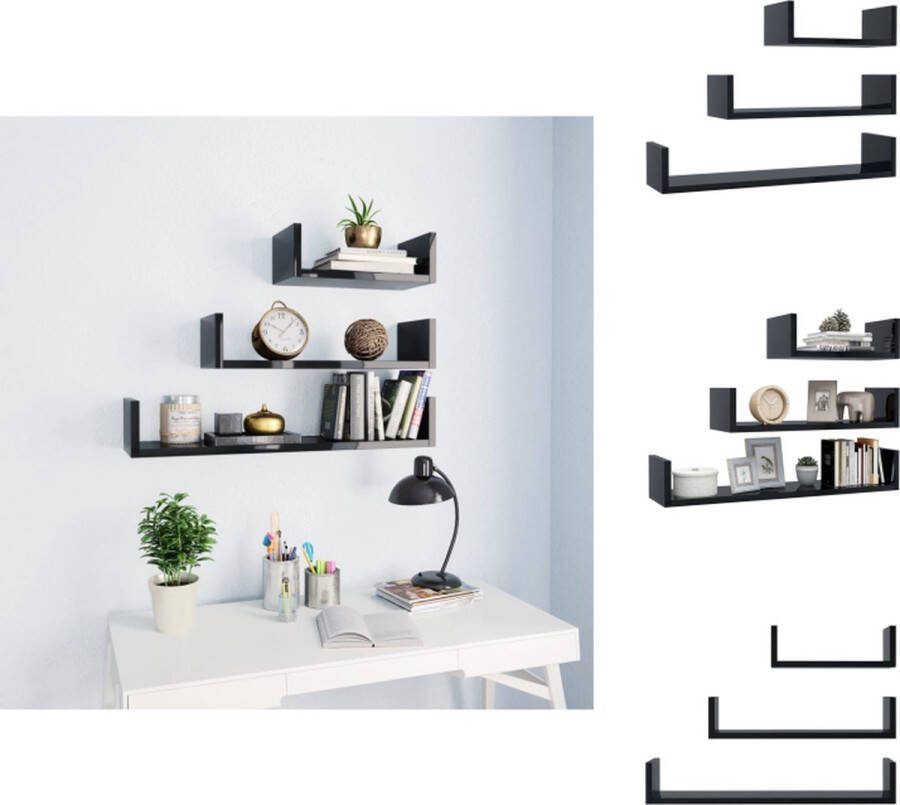 VidaXL Houten Schappen Set van 3 Hoogglans Zwart Bewerkt Hout Verschillende Maten Wandsteun