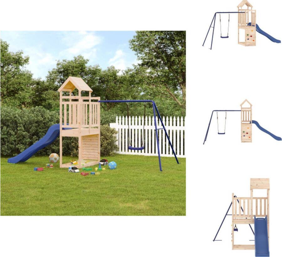 VidaXL Houten Speeltoren Massief Grenenhout Multi-activiteitencentrum 424 x 186 x 214 cm Blauwe Schommel en Glijbaan Speeltoestellencombinatie