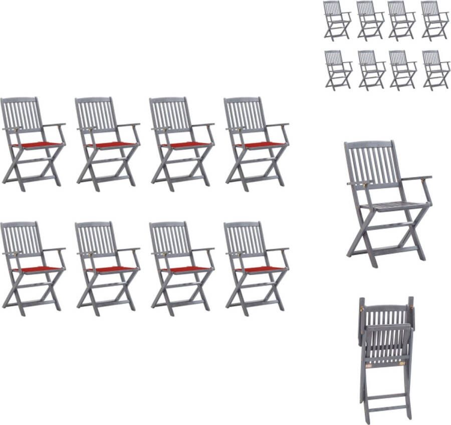 VidaXL Houten Stoelenset Acaciahout Klapstoel 8x Rood Kussen Tuinstoel