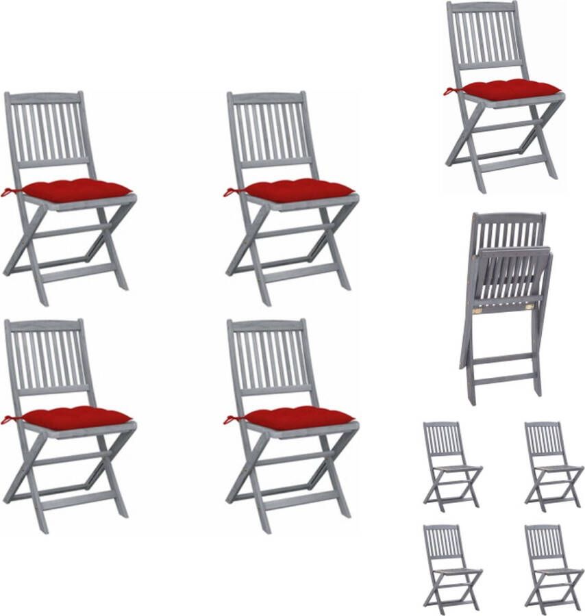 VidaXL Houten Stoelenset Klapstoelen Massief Acaciahout Greywash Rode Kussens 4 stuks Tuinstoel