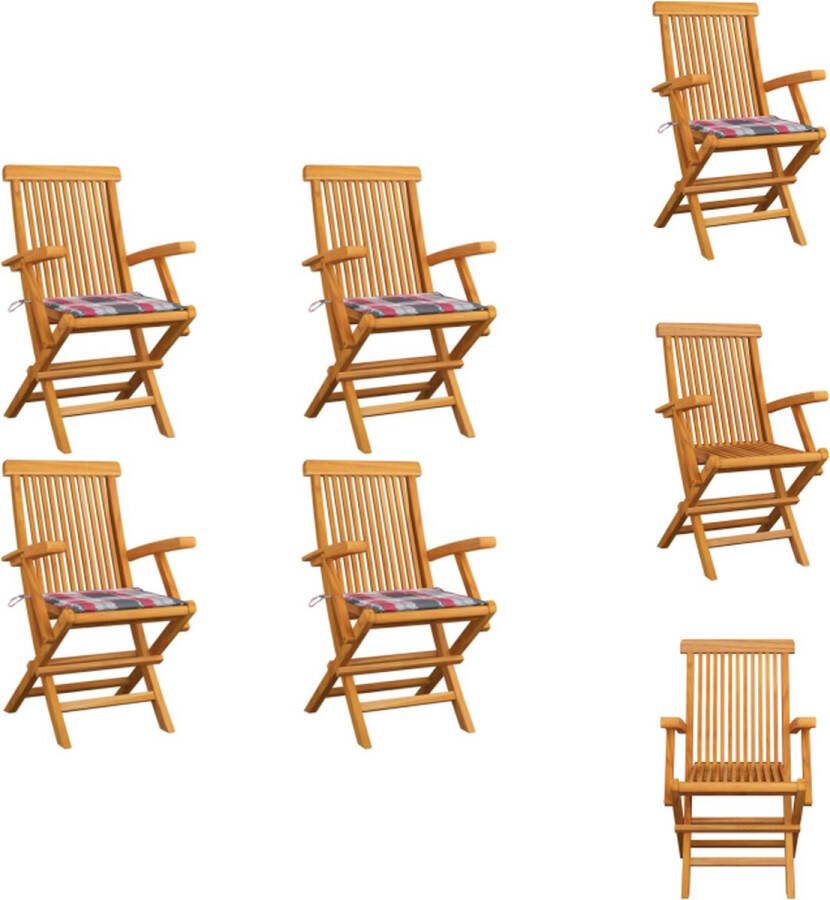 VidaXL Houten tuinstoelenset 4 stoelen Teakhout Inklapbaar Rood ruitpatroon Tuinstoel
