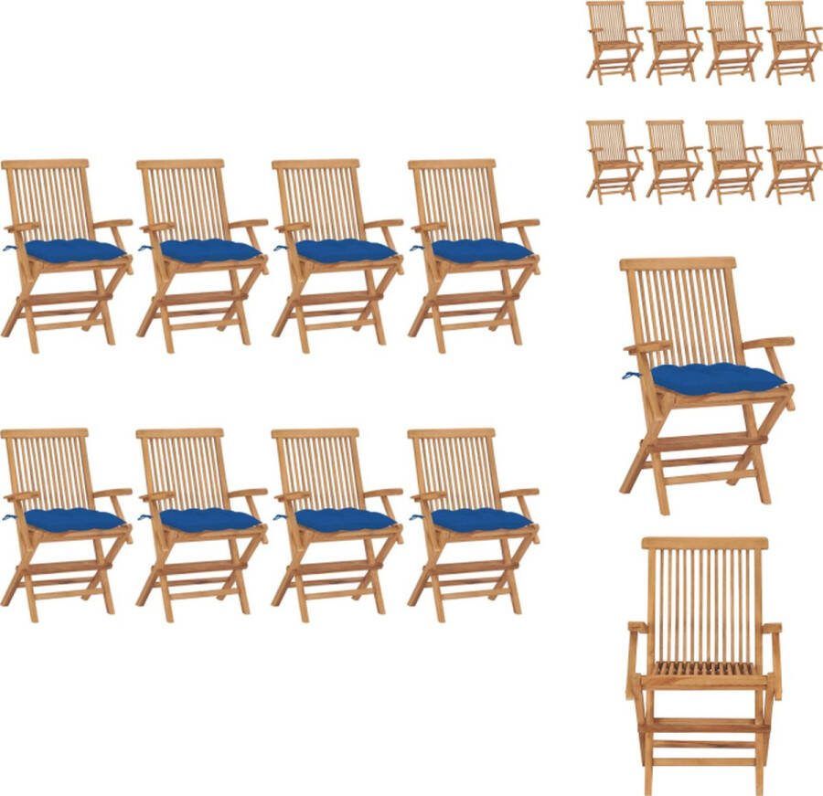 VidaXL Houten Tuinstoelenset 8 Stoelen Teakhout Duurzaam Lichtgewicht Inklapbaar Blauw Kussen 55x60x89cm Tuinstoel
