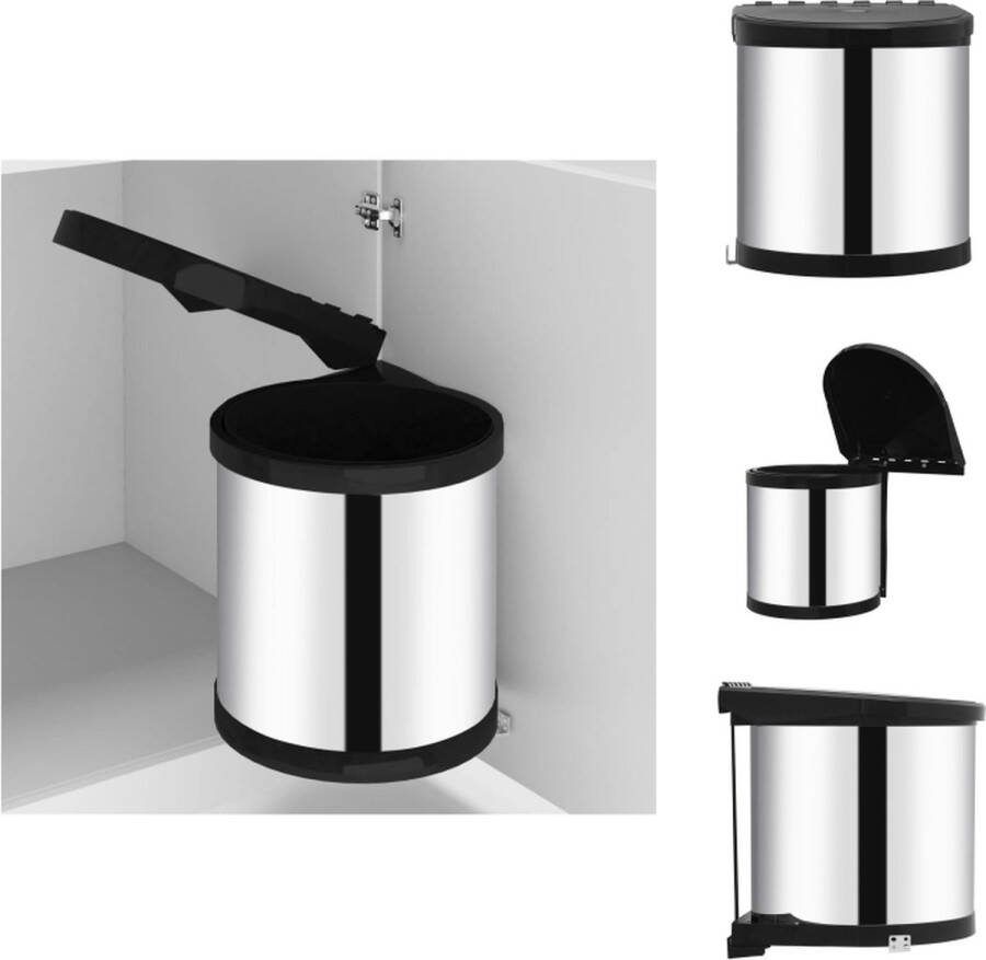 VidaXL Inbouw Keukenafvalbak 8L RVS Bodemmontage Automatisch deksel Zwart Zilver Montage accessoires inbegrepen Prullenbak