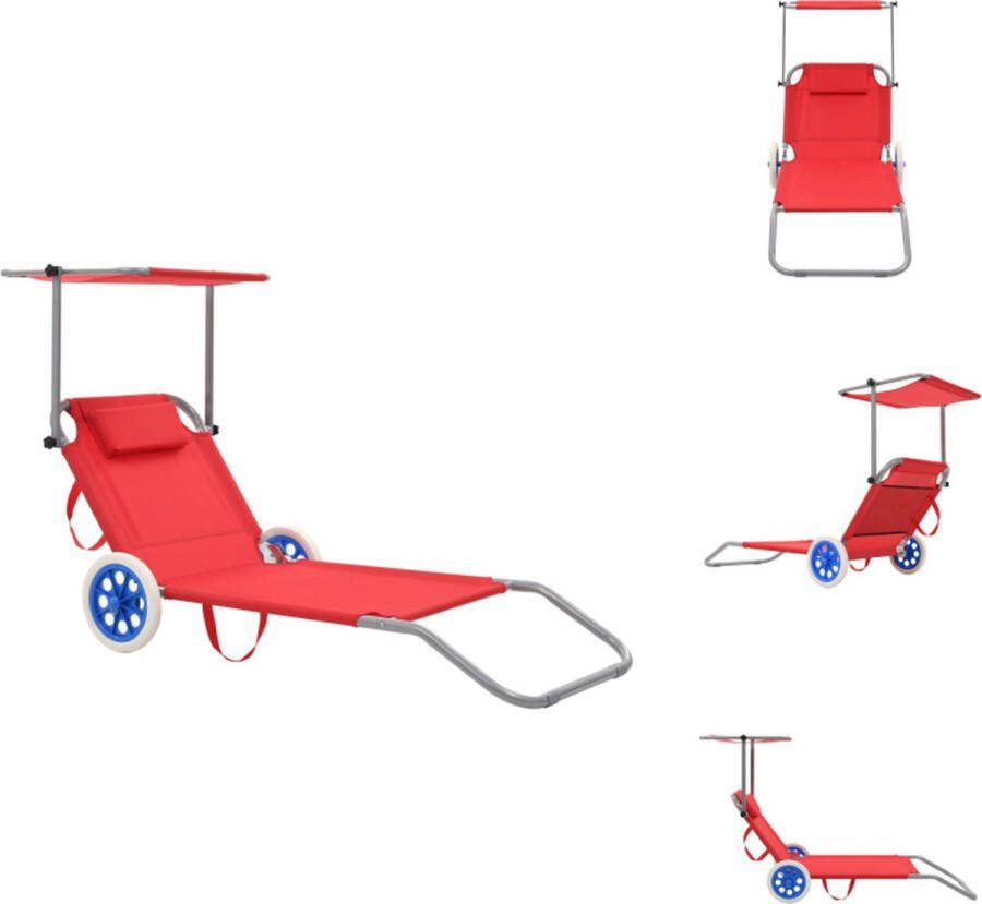 VidaXL Inklapbaar Ligbed Strandstoel Rood 146x63x55 cm Verstelbare rugleuning en luifel Ligbed