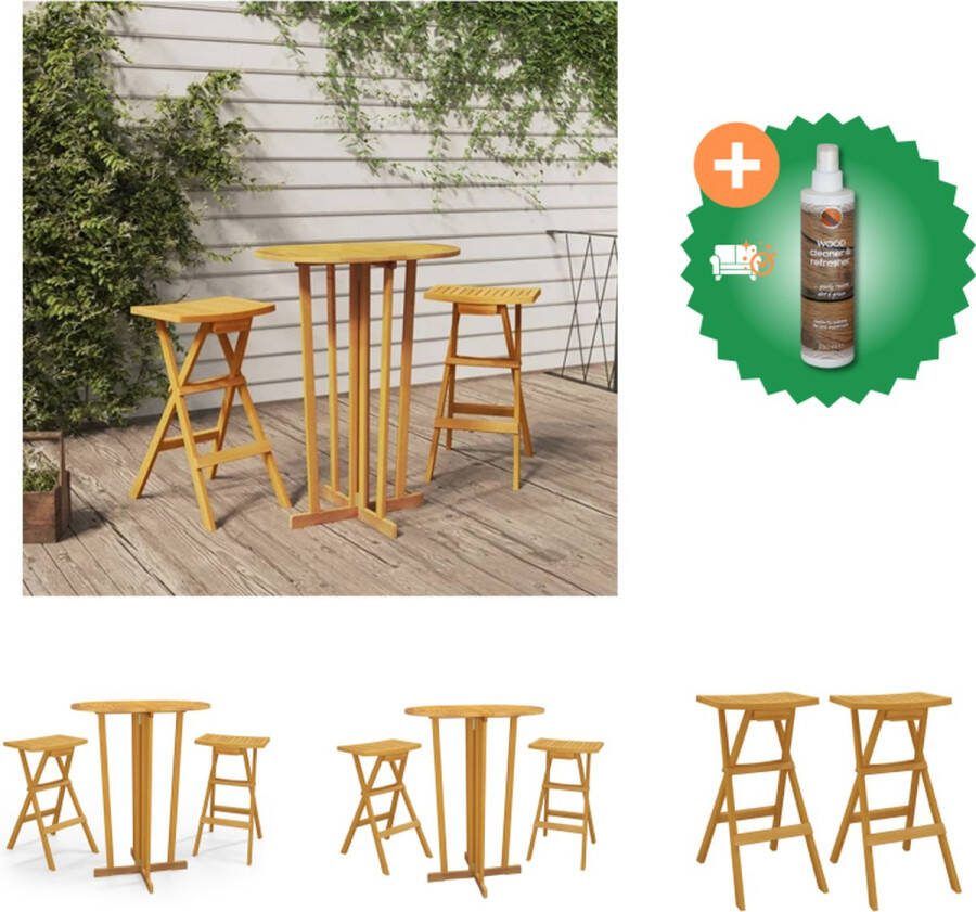 VidaXL Inklapbare Houten Bartafelset 90x65x105 cm Massief Teakhout Natuurlijke Stijl 2 Barkrukken Waterbestendige Afwerking Tuinset Inclusief Houtreiniger en verfrisser