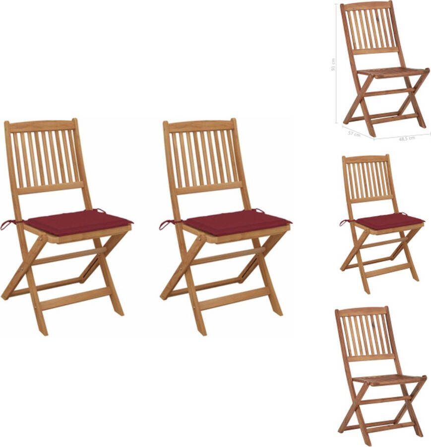 VidaXL Inklapbare Tuinstoelen Massief Acaciahout 48.5 x 57 x 91 cm Wijnrood Kussen Set van 2 Tuinstoel