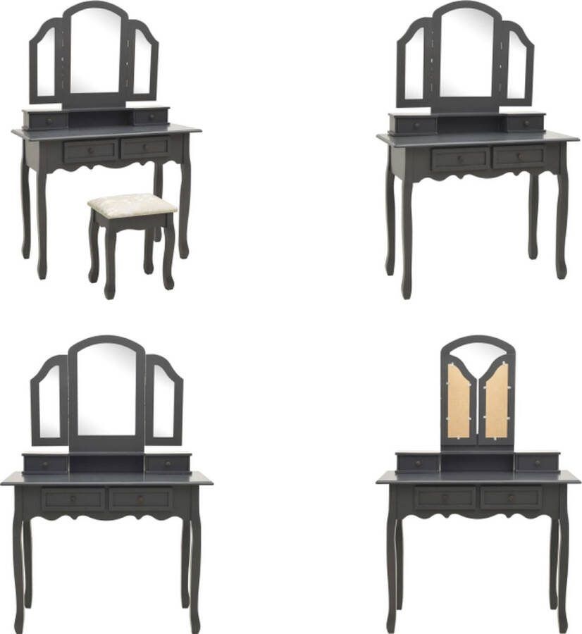 VidaXL Kaptafelset met kruk 100x40x146 cm paulowniahout grijs Kaptafel Kaptafels Make-up Tafel Make-up Tafels