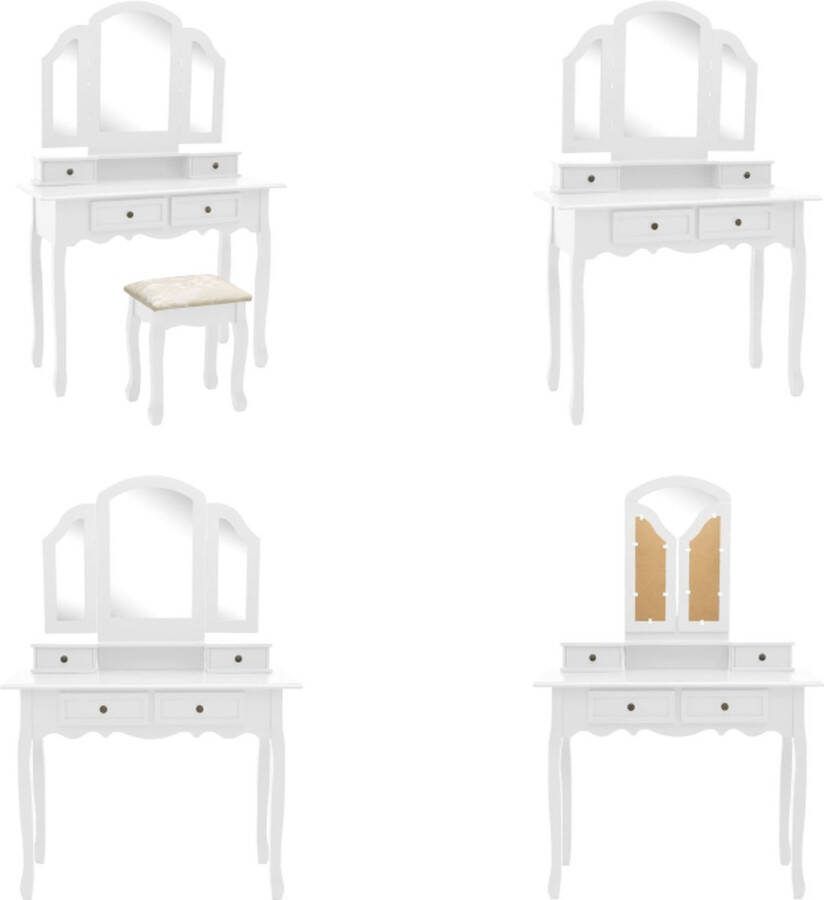 VidaXL Kaptafelset met kruk 100x40x146 cm paulowniahout wit Kaptafel Kaptafels Make-up Tafel Make-up Tafels