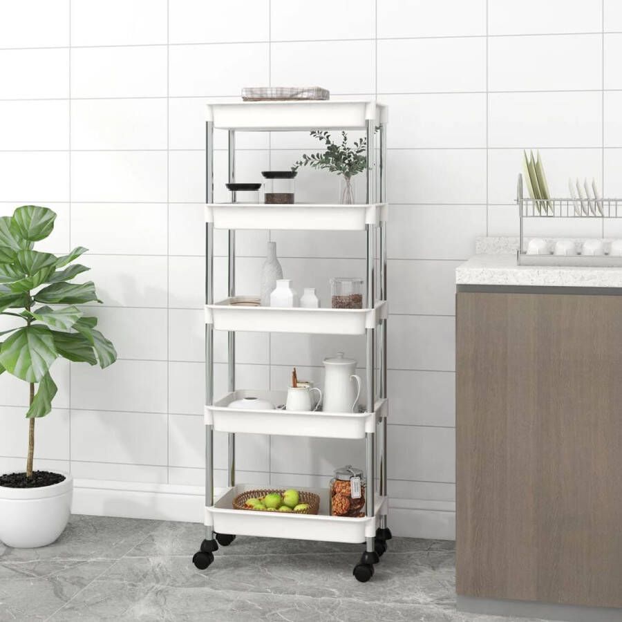 VidaXL -Keukentrolley-5-laags-42x29x128-cm-ijzer-en-ABS-wit