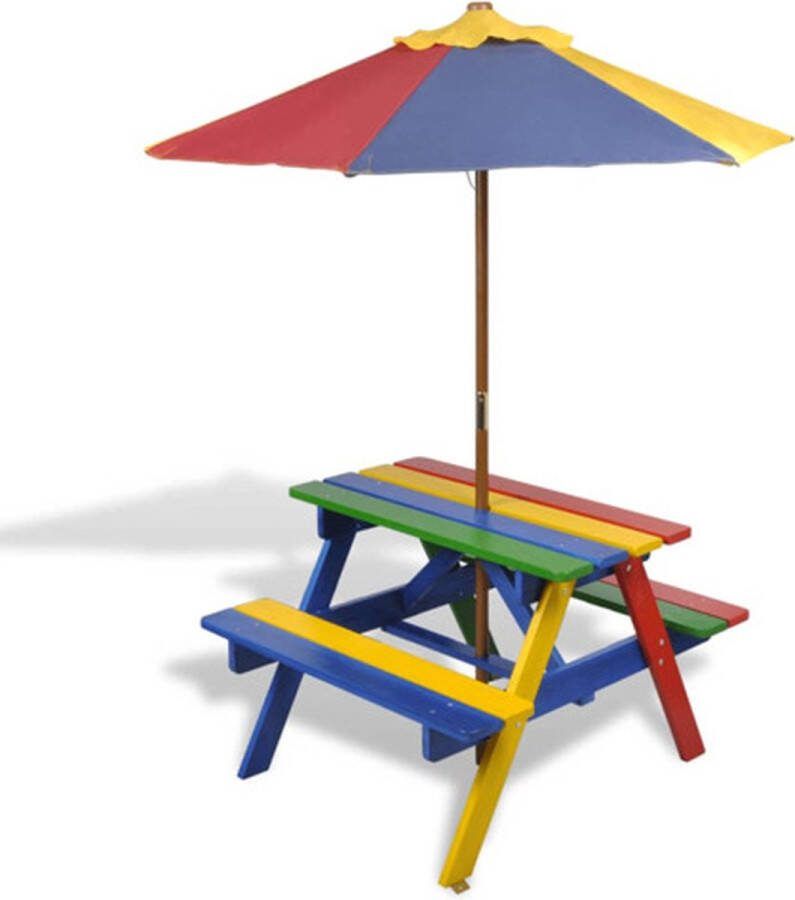 VidaXL -Kinderpicknicktafel-met-banken-en-parasol-hout-meerkleurig