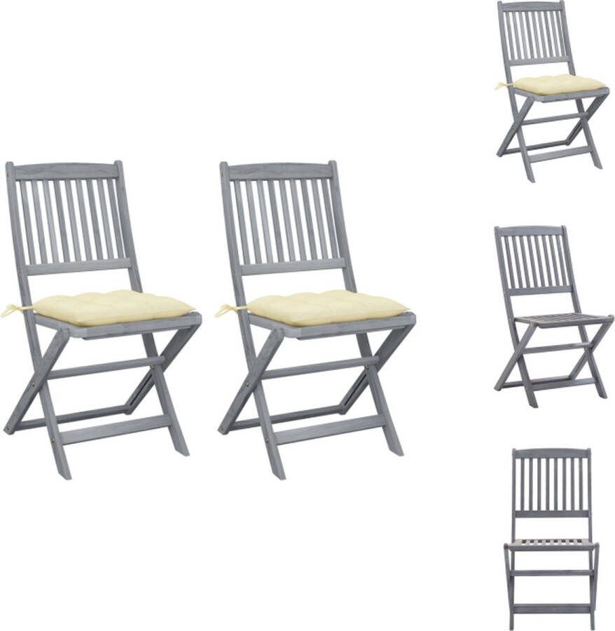 VidaXL Klapstoel Acaciahout Greywash 48.5x57x91 cm Crèmewit kussen Tuinstoel