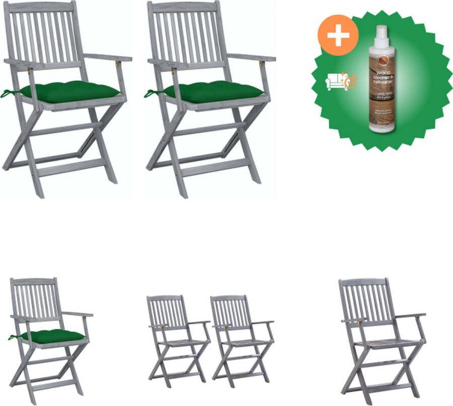 VidaXL Klapstoel Set Massief Acaciahout Groen Kussen 54 x 57 x 91 cm Tuinstoel Inclusief Houtreiniger en verfrisser