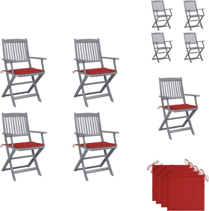 VidaXL Klapstoelen Acaciahout 54 x 57 x 91 cm Greywash Incl Kussens Rood Tuinstoel