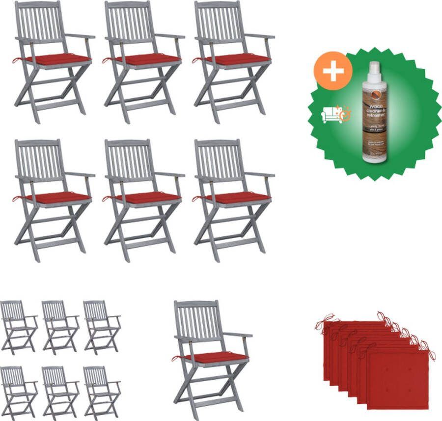 VidaXL Klapstoelen Acaciahout 54x57x91 cm Greywash Inklapbaar Set van 6 Rood kussen Tuinstoel Inclusief Houtreiniger en verfrisser