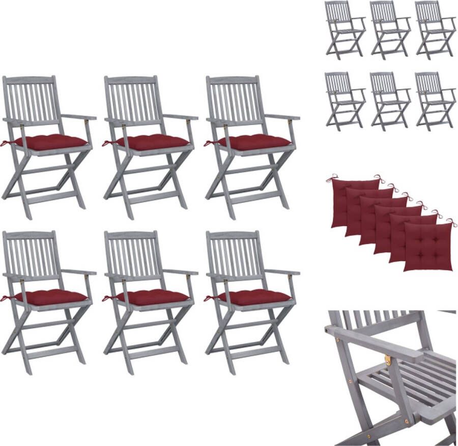 VidaXL Klapstoelen Acaciahout Greywash 6 stuks Wijnrood kussen Tuinstoel