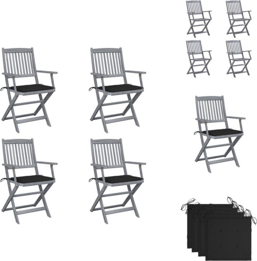 VidaXL Klapstoelen Massief Acaciahout Greywash 54x57x91cm Zwart Kussen Tuinstoel