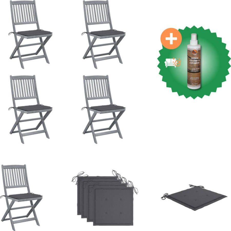 VidaXL Klapstoelen Massief Acaciahout Greywash Antraciet Kussen 4 Stuks Tuinstoel Inclusief Houtreiniger en verfrisser