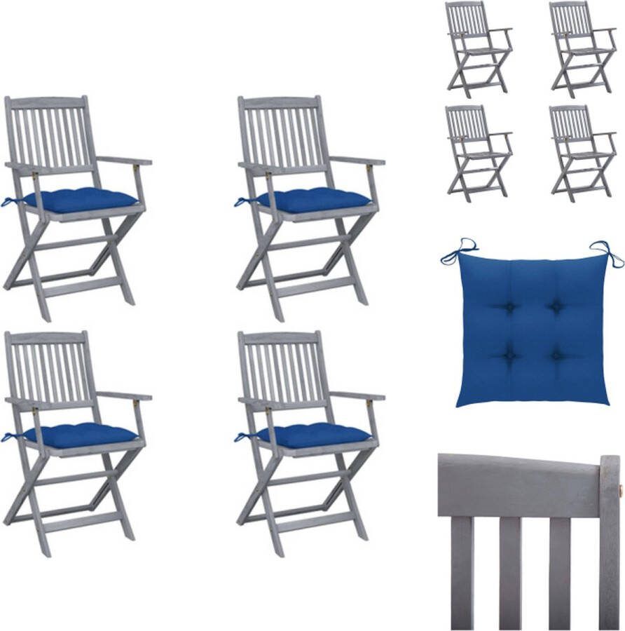 VidaXL Klapstoelen Massief Acaciahout Greywash Blauwe Kussens Set van 4 Tuinstoel
