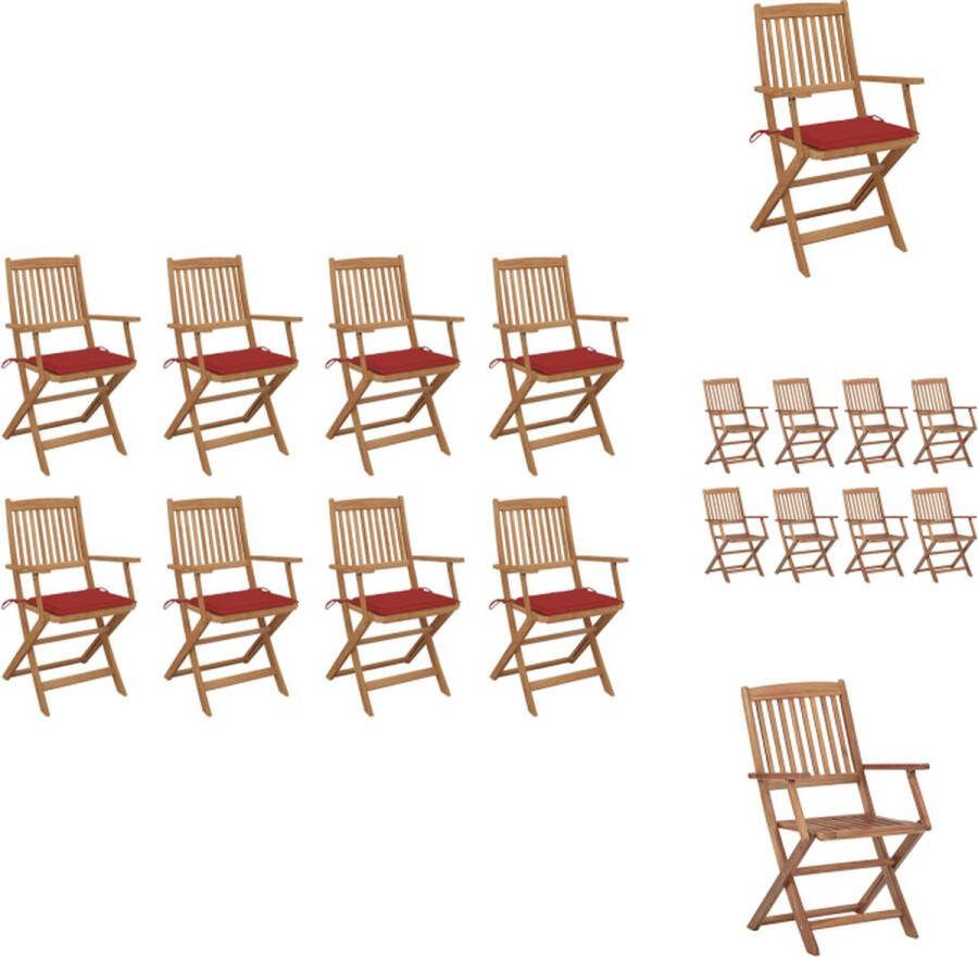 VidaXL Klapstoelen Set Acaciahout Inklapbaar 8 Stuks Rood Kussen Tuinstoel
