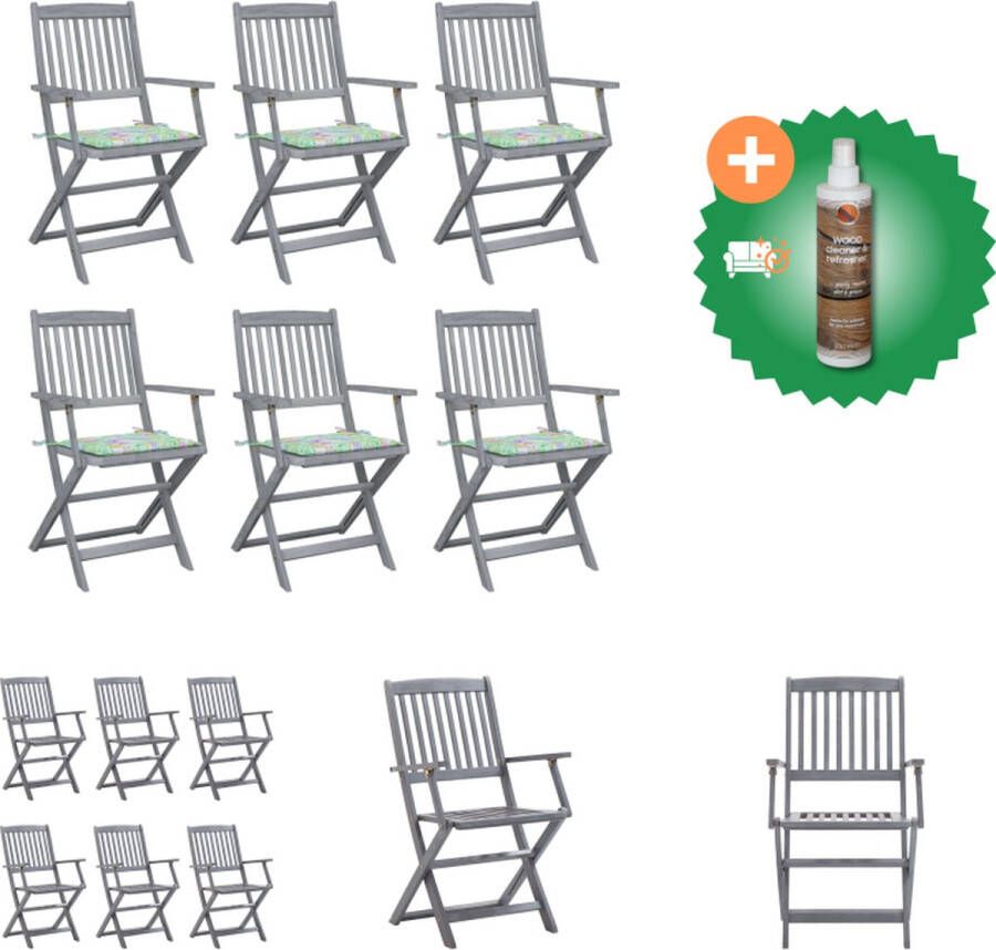 VidaXL Klapstoelenset Massief acaciahout Greywash 54x57x91 cm Inklapbaar Inclusief 6 klapstoelen en zitkussens Tuinstoel Inclusief Houtreiniger en verfrisser