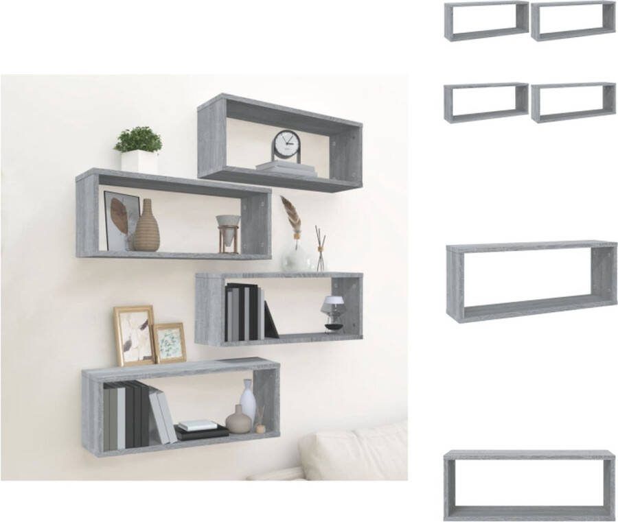 VidaXL Kubus Wandschap Opbergschappen 4 stuks 60 x 15 x 23 cm Grijs Sonoma Eiken Wandsteun