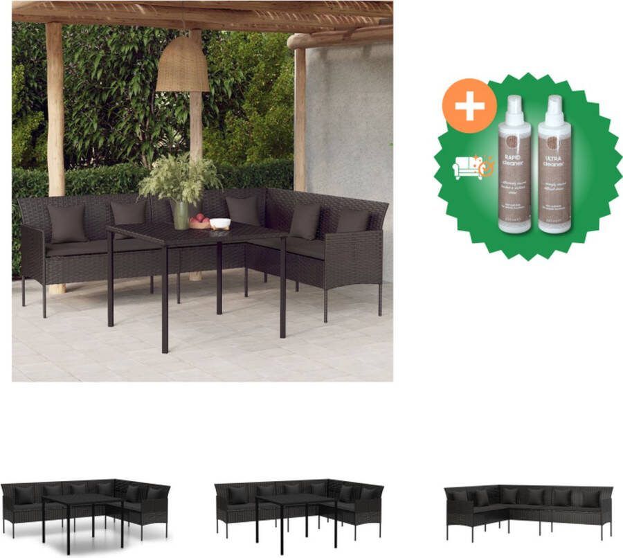 VidaXL L-vormige bank zwart PE-rattan gepoedercoat staal 220x162x79.5cm 163x48 107x48cm zitting 39cm zithoogte 110kg draagvermogen + tafel 90x90x70cm + 3 zitkussens 102x47x3.5cm + 6 kussens Tuinset Inclusief Onderhoudsset