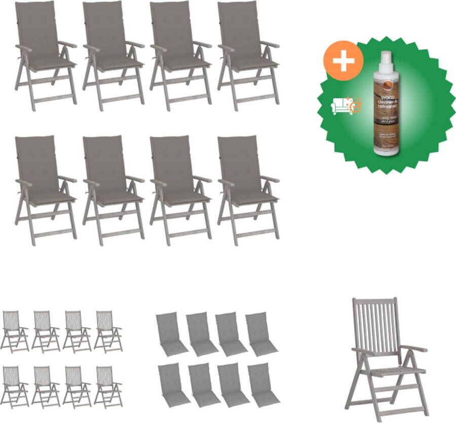 VidaXL Leunstoel Set Massief Acaciahout Grijs 8 Stoelen met Kussens Verstelbaar Tuinstoel Inclusief Houtreiniger en verfrisser