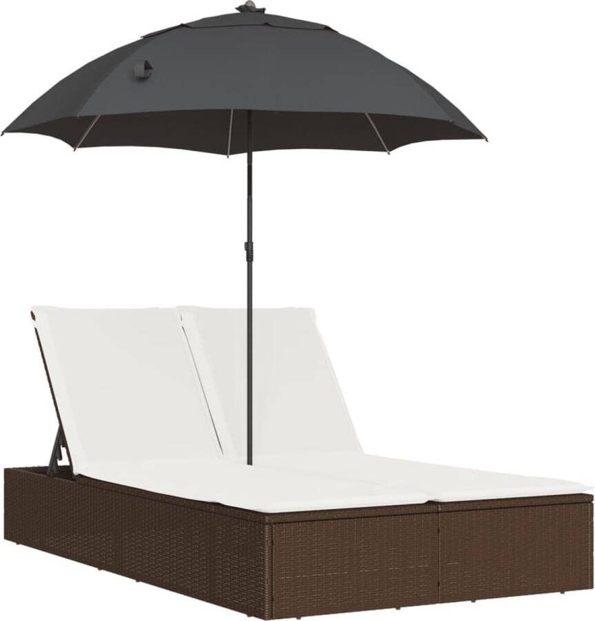 VidaXL Ligbed 2-persoons met kussens en parasol poly rattan bruin