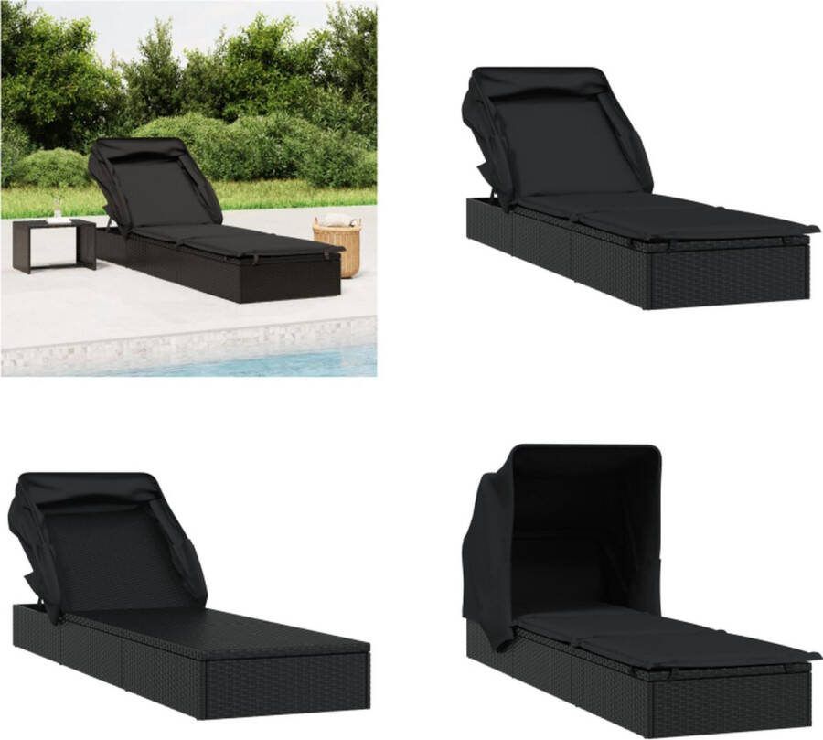 VidaXL Ligbed met inklapbaar dak 213x63x97 cm poly rattan zwart Ligbed Ligbedden Tuinstoel Relaxstoel