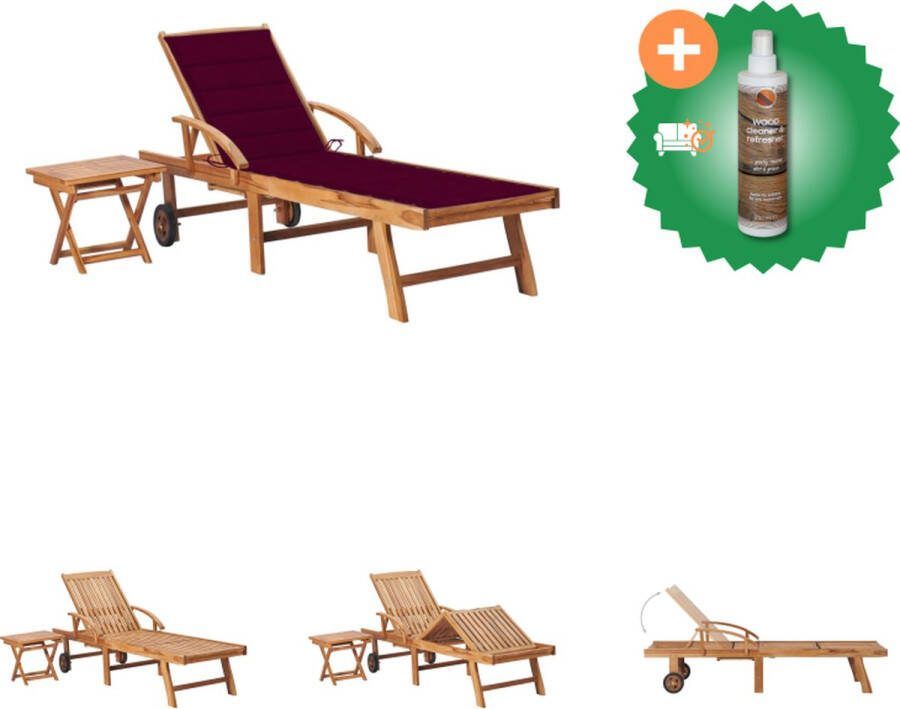 VidaXL Ligbed Teakhouten Tuinmeubelen 195x59.5cm Met Wielen en Verstelbare Rugsteun Inclusief Bijzettafel en Kussen Ligbed Inclusief Houtreiniger en verfrisser