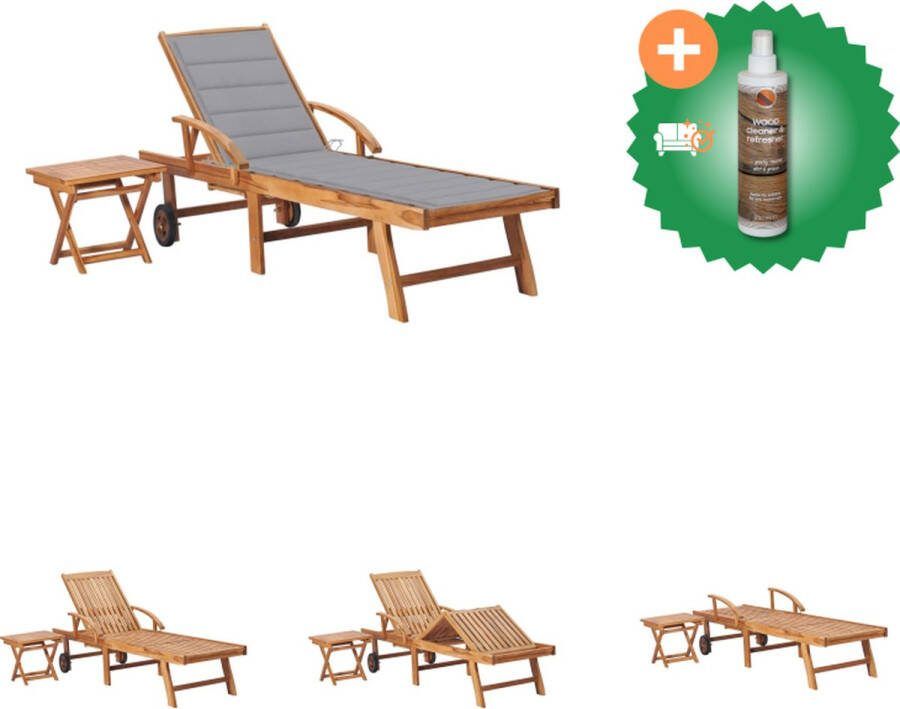 VidaXL Teakhouten Ligbed 195 x 59.5 cm Verstelbare Rugleuning Wielen Bijzettafel Grijs Kussen Montage vereist Ligbed Inclusief Houtreiniger en verfrisser