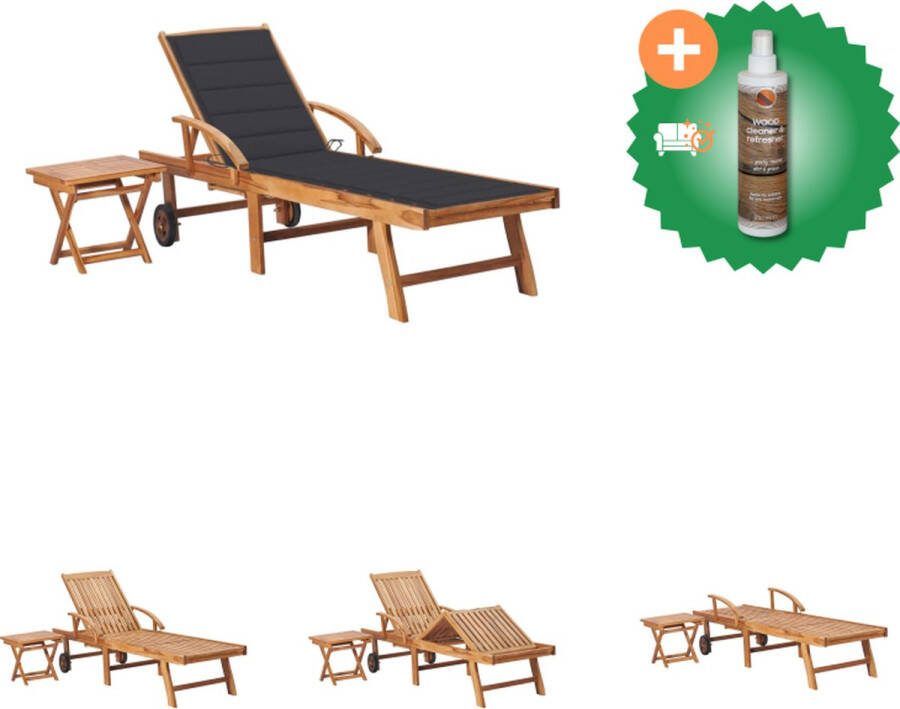 VidaXL Ligbed Teakhout Verstelbare rugleuning en voetensteun Inclusief bijzettafel en kussen 195 x 59.5 cm Antraciet Ligbed Inclusief Houtreiniger en verfrisser